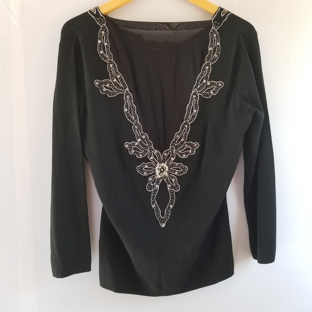 Deep V sheer back sequin embellish black top